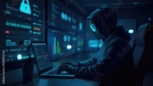 A hooded figure sits in a dark room, typing on a laptop with a screen displaying code and data. Concept of cyber security or hacking.