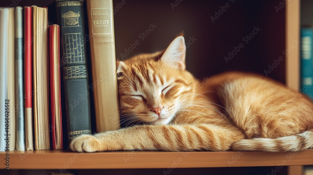 Cozy Orange Cat Sleeping on Bookshelf Cozy Orange Cat Sleeping on Bookshelf