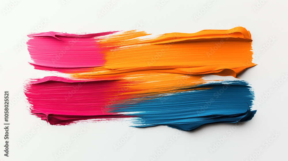 Abstract brush strokes of vivid pink, orange, and blue paint on a white canvas background, showcasing textured artistic expression and color contrast. Abstract brush strokes of vivid pink, orange, and blue paint on a white canvas background, showcasing textured artistic expression and color contrast.