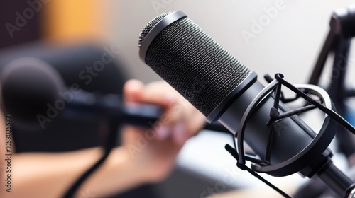 Close-up of a microphone capturing sound in a studio, perfect for audio production and podcast use.