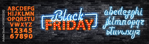 Vector neon sign for Black Friday with alphabet font isolated on wall background.
