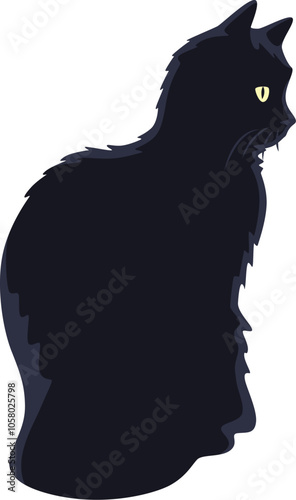 Illustration of a black cat sitting sideways to us and looking away. Isolated on a white background