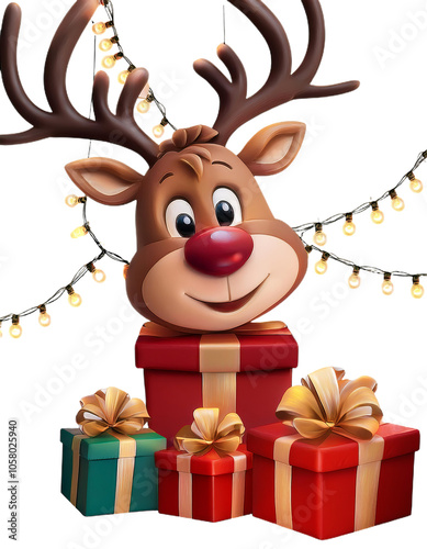 Christmas reindeer emerging from gift boxes with fairy lights on transparent background