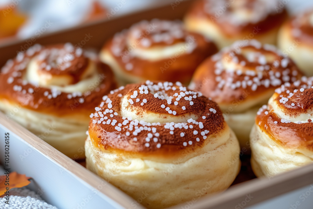 Freshly baked kanelbullar, dusted with cocoa and sugar pearls, create a tempting display of scandinavian pastry Freshly baked kanelbullar, dusted with cocoa and sugar pearls, create a tempting display of scandinavian pastry