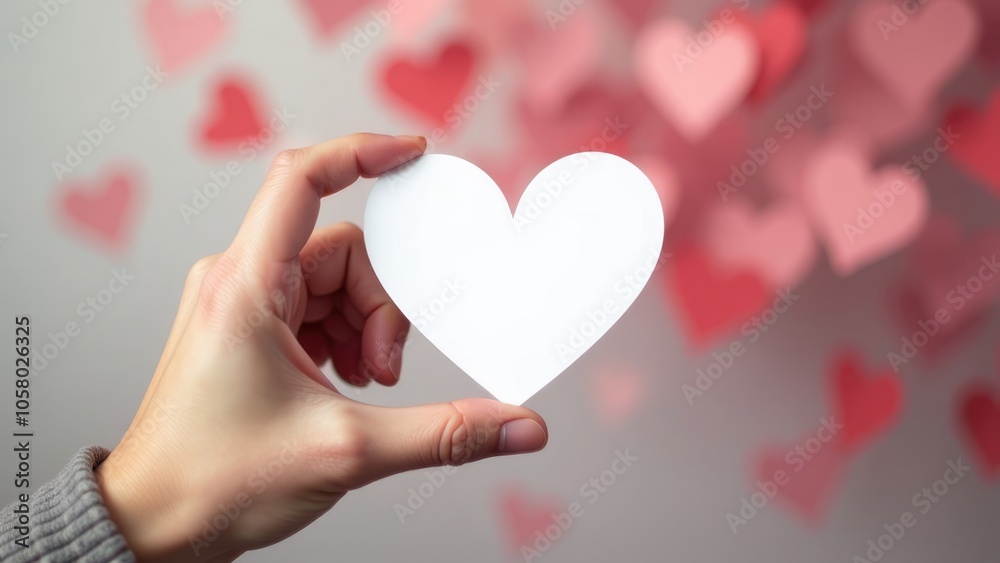 A hand holds a white paper heart against a blurred background of many pink paper hearts. Concept of love and romance. Valentines day background A hand holds a white paper heart against a blurred background of many pink paper hearts. Concept of love and romance. Valentines day background