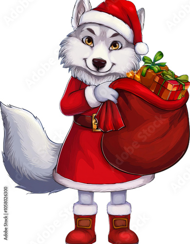 Christmas wolf holding santa claus bag with gifts on transparent background