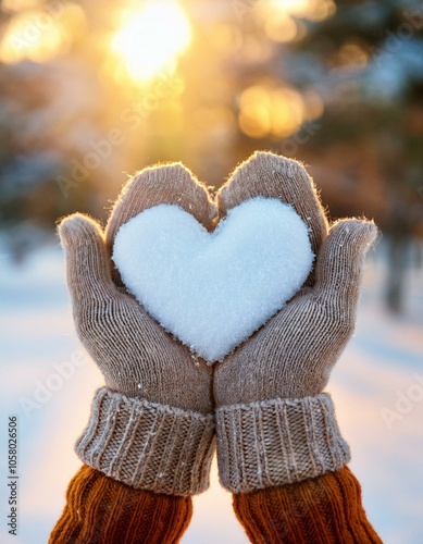 hands holding snow heart shape in winter