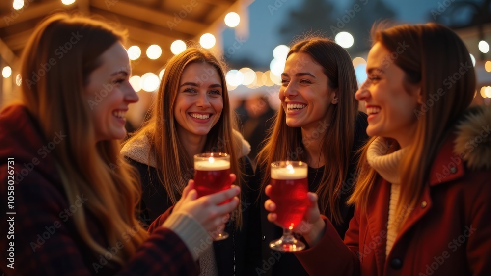 Four friends are having a great time together, laughing and holding up glasses of beer in front of a background of warm yellow lights.
Four friends are having a great time together, laughing and holding up glasses of beer in front of a background of warm yellow lights.