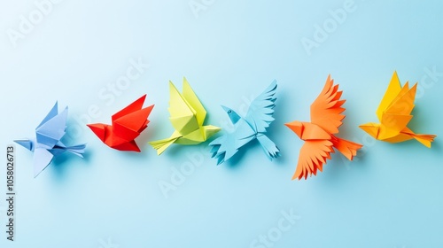 Colorful Origami Birds on Blue Background