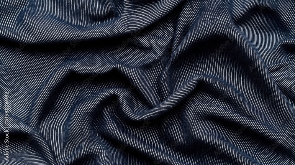 Close-up of dark blue fabric with fine white pinstripes, showcasing a textured and wavy draped pattern. Close-up of dark blue fabric with fine white pinstripes, showcasing a textured and wavy draped pattern.