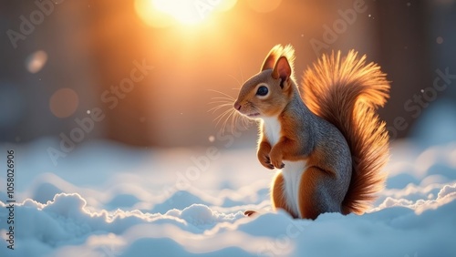 A red squirrel sits in the white snow with its tail fluffed up in the golden light of a setting sun. photo