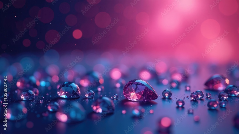 A closeup of sparkling diamonds on a dark background with soft pink and blue bokeh lights. Future dusk color. Concept of luxury and glamour. A closeup of sparkling diamonds on a dark background with soft pink and blue bokeh lights. Future dusk color. Concept of luxury and glamour.