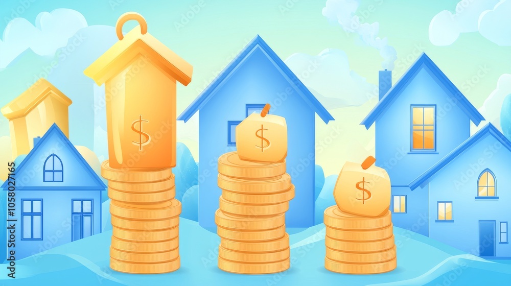 Colorful illustration depicting houses and money stacks, symbolizing real estate investment and financial growth.