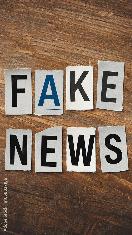 Naklejka premium The word FAKE NEWS is spelled out using individual letters cut from a newspaper, arranged on a wooden surface.