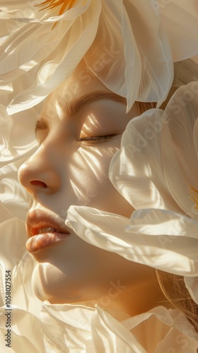A tranquil image of a woman's face enveloped in delicate white petals, bathed in gentle sunlight. The serene expression highlights beauty and harmony with nature