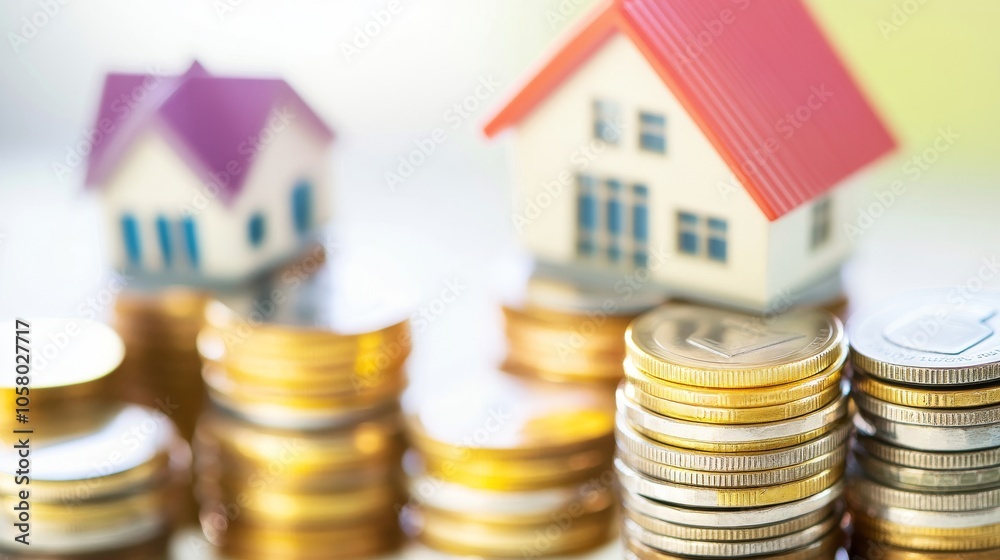 Conceptual image of investment with miniature houses and stacks of coins, symbolizing wealth and real estate market. Conceptual image of investment with miniature houses and stacks of coins, symbolizing wealth and real estate market.