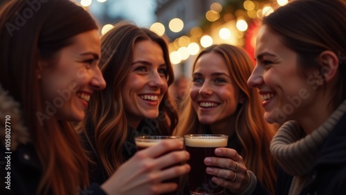 Four friends wearing warm winter clothes, including a red hat and a grey scarf, toast with dark brown drinks in front of a blurry background of warm yellow lights. 