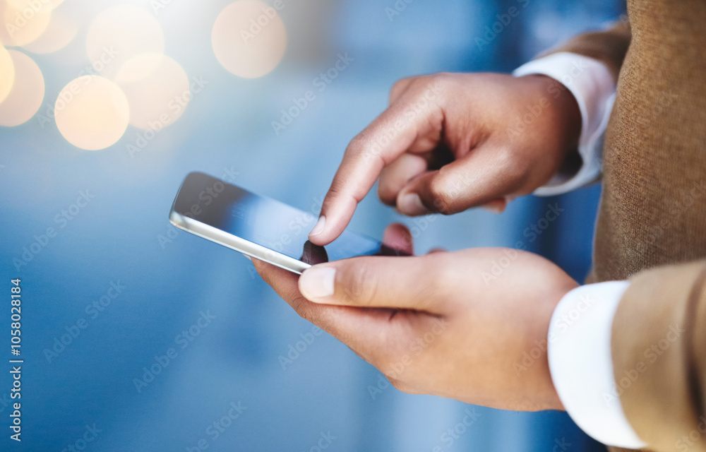 Business, phone or hands of person typing in office for text message, email notifications or connection. Professional, scroll and mobile app on bokeh for internet browsing, research or online chat Business, phone or hands of person typing in office for text message, email notifications or connection. Professional, scroll and mobile app on bokeh for internet browsing, research or online chat