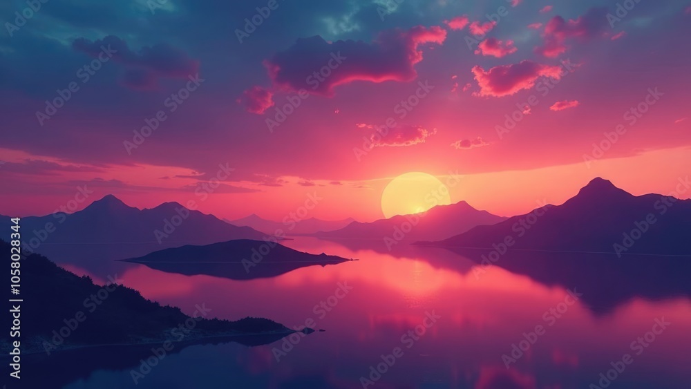 The setting sun casts a warm glow over a serene mountain lake with a reflection of the sky and clouds in the water. Future dusk color. Concept of peaceful nature. The setting sun casts a warm glow over a serene mountain lake with a reflection of the sky and clouds in the water. Future dusk color. Concept of peaceful nature.