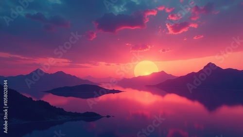 The setting sun casts a warm glow over a serene mountain lake with a reflection of the sky and clouds in the water. Future dusk color. Concept of peaceful nature.