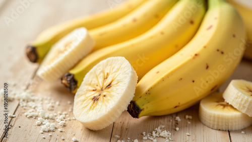 bananas with slices on wooden table