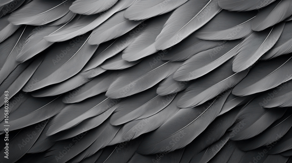 Close-up view of overlapping gray feathers forming a textured surface with detailed patterns in black and white.