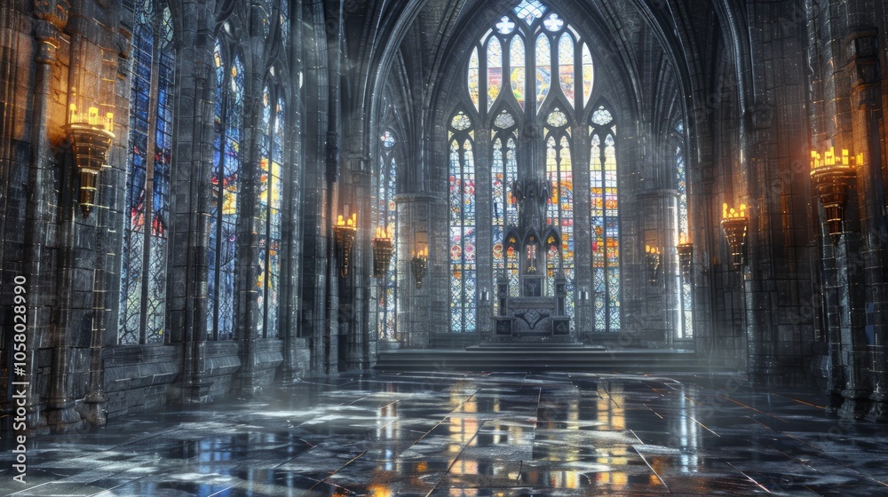 Neo-Gothic Church with Stained Glass Windows, grand architecture adorned with intricate stone carvings, emanating a mystical atmosphere and historic charm Neo-Gothic Church with Stained Glass Windows, grand architecture adorned with intricate stone carvings, emanating a mystical atmosphere and historic charm