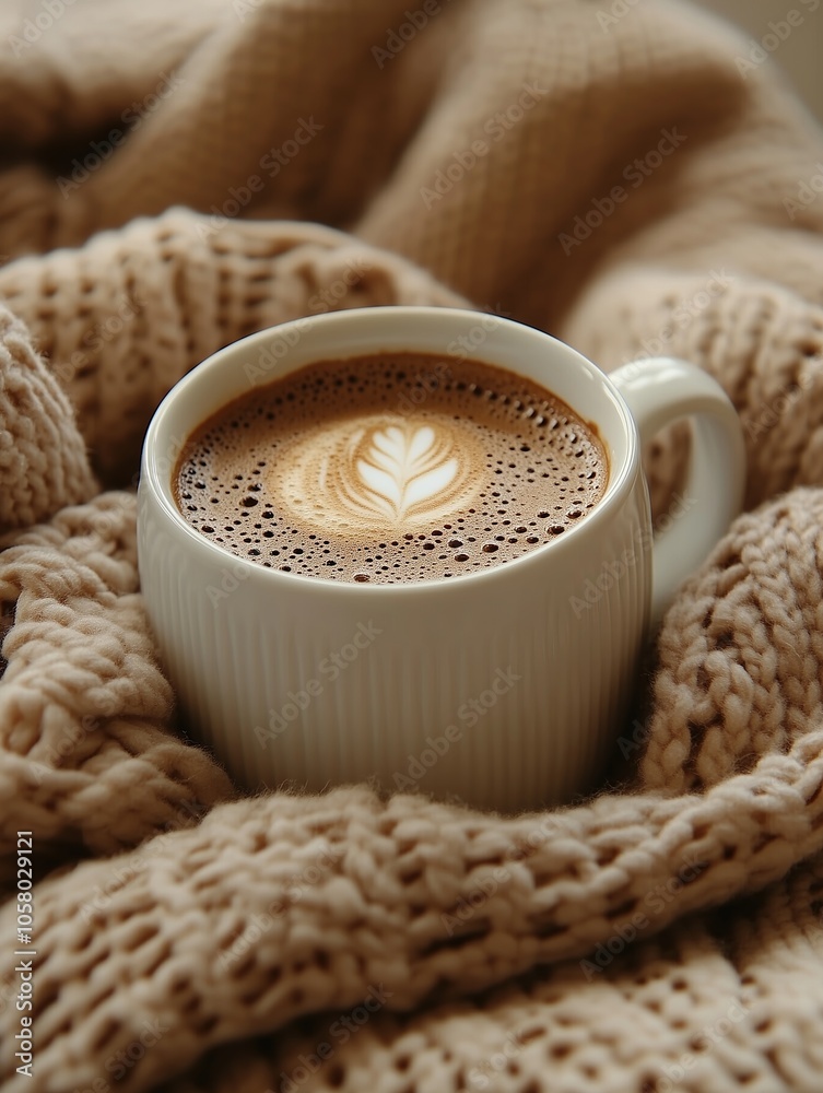 White cup of coffee with pattern on the foam surrounded by cozy knitted blanket in beige tones. White cup of coffee with pattern on the foam surrounded by cozy knitted blanket in beige tones.