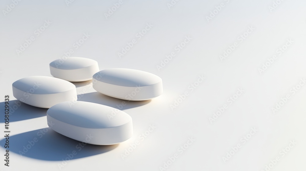 Four white capsules arranged on a clean surface, emphasizing simplicity and minimalism, perfect for medical or health-related themes. Four white capsules arranged on a clean surface, emphasizing simplicity and minimalism, perfect for medical or health-related themes.