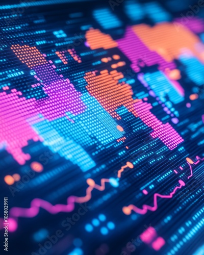 Abstract digital world map with data streams and visualizations.