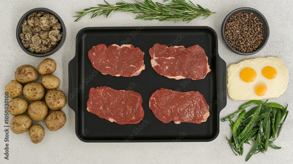 Fresh ingredients arranged for a delicious meal, featuring steak, vegetables, and herbs on a black tray. Fresh ingredients arranged for a delicious meal, featuring steak, vegetables, and herbs on a black tray.