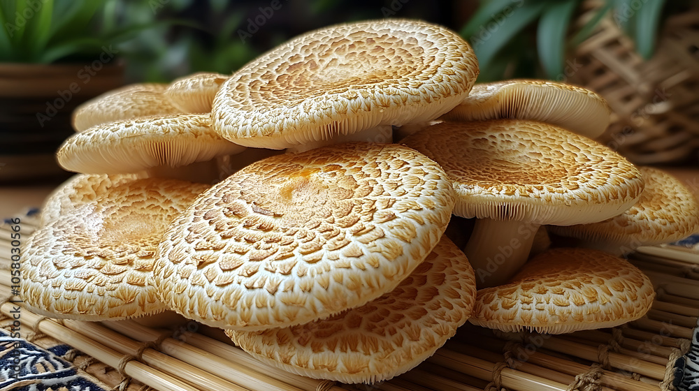 A pile of fresh, golden shiitake mushrooms displayed on a bamboo mat