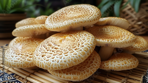 Obraz na płótnie A pile of fresh, golden shiitake mushrooms displayed on a bamboo mat w salonie