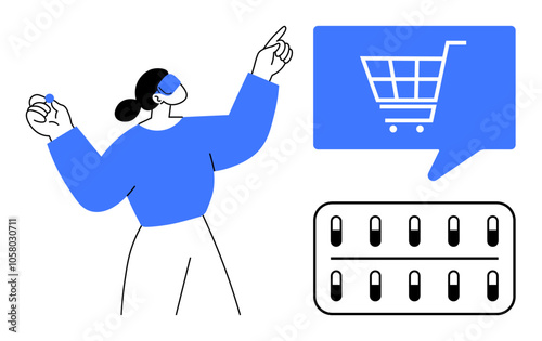 Person pointing at speech bubble with shopping cart symbol, nearby assortment of pills. Ideal for e-commerce, online shopping, healthcare, medication, pharmacy, digital marketing, medical commerce