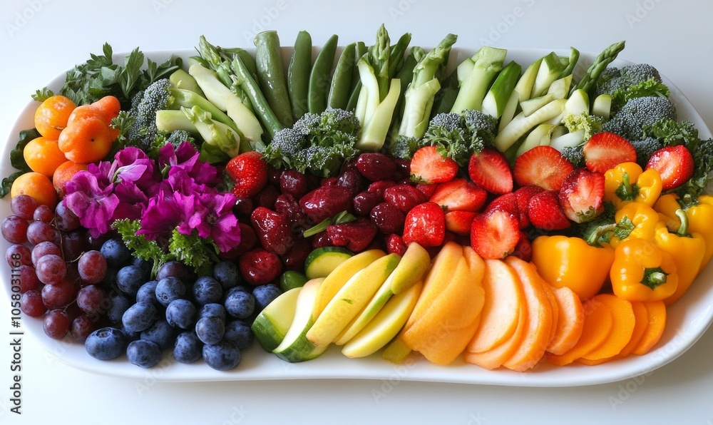 Colorful vegetables and fruits create vibrant, balanced meal display Colorful vegetables and fruits create vibrant, balanced meal display