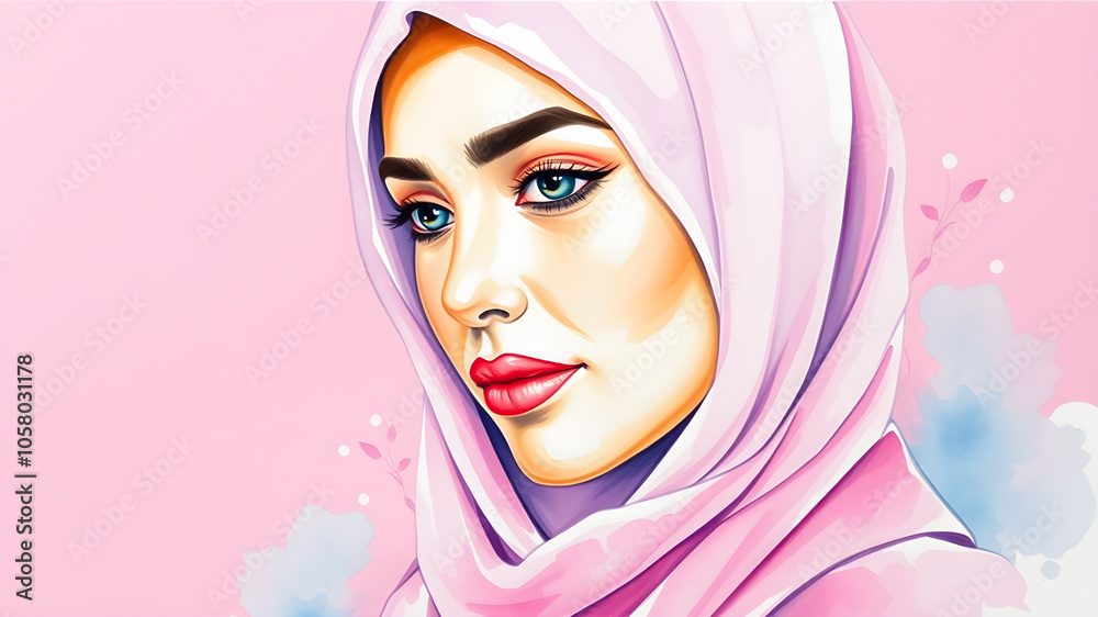 Vibrant watercolor painting depicting an Arabian woman in a lilac hijab on a pink background. Copy space. Vibrant watercolor painting depicting an Arabian woman in a lilac hijab on a pink background. Copy space.