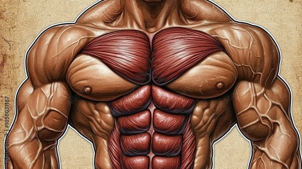 Illustration of a muscular torso showcasing defined muscles and anatomical details, ideal for fitness and health materials. Illustration of a muscular torso showcasing defined muscles and anatomical details, ideal for fitness and health materials.