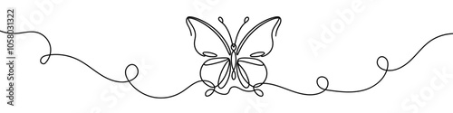 Butterfly with open wings is drawn with one continuous line on a white background