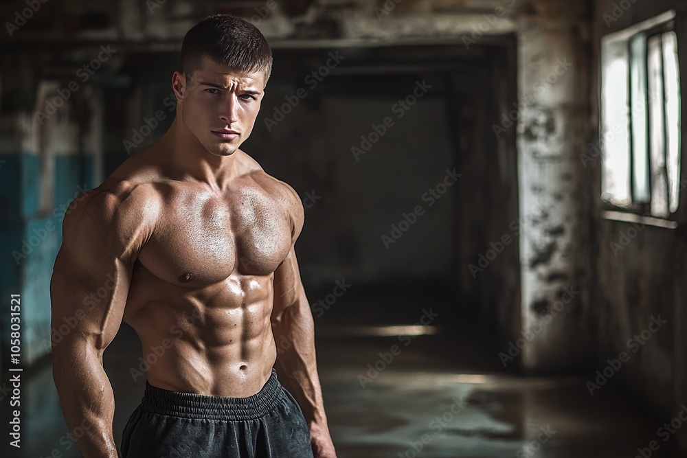 Fototapeta premium Muscular man standing in abandoned building symbolizing resilience fitness transformation and strength with emphasis on gritty urban fitness journey
