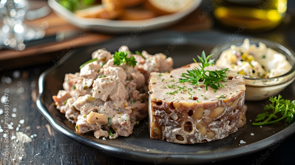 Head cheese on a plate with remoulade Head cheese on a plate with remoulade