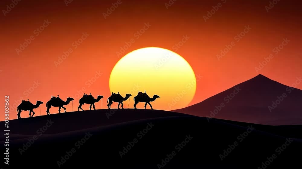 Camel caravan traverses the serene desert oasis at sunset, painting the sky with vibrant hues over tranquil dunes Camel caravan traverses the serene desert oasis at sunset, painting the sky with vibrant hues over tranquil dunes
