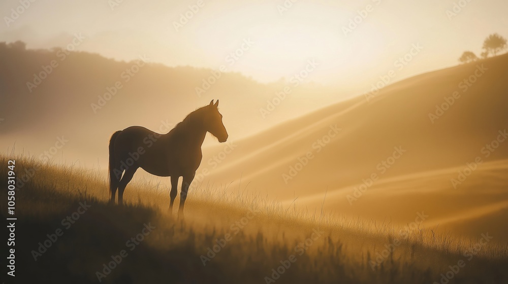 A majestic horse standing alone in a misty field during sunrise. A majestic horse standing alone in a misty field during sunrise.