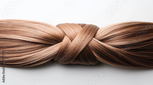 Close-up of neatly woven, shiny, light brown hair braid against a plain white background, showcasing texture and intricate braiding style.