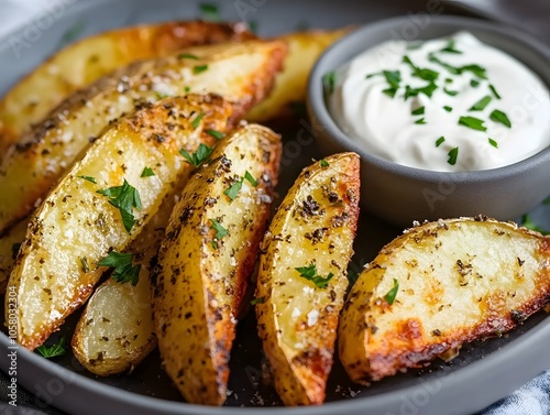 Herbed potato wedges with sour cream photo