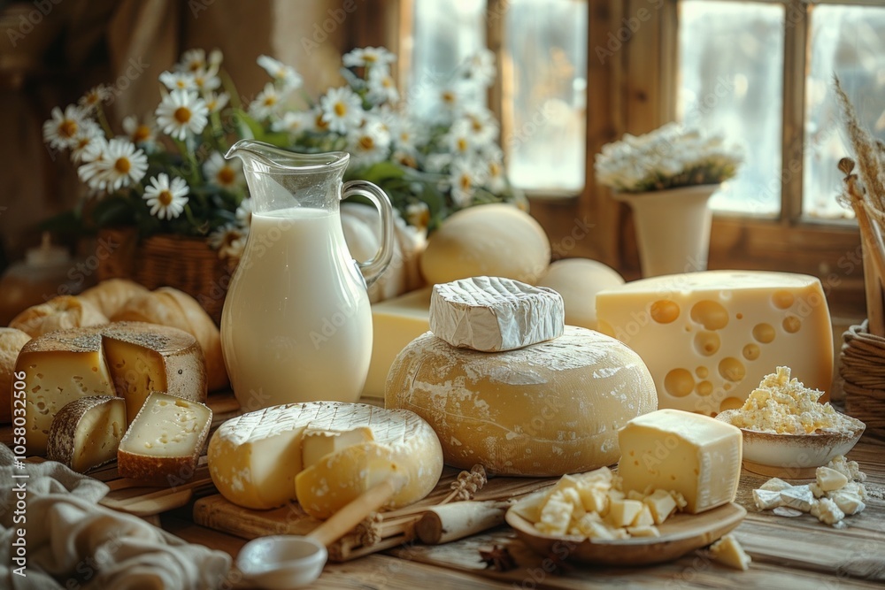 various dairy products arranged on a wooden table, with a pastoral feel. Capture a jug of milk, an assortment of various dairy products arranged on a wooden table, with a pastoral feel. Capture a jug of milk, an assortment of