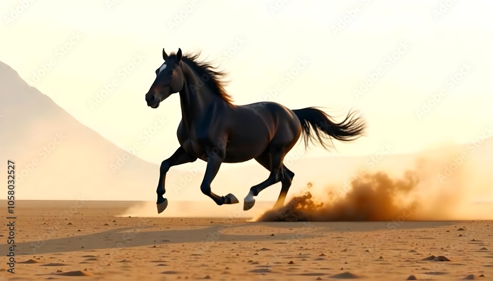 A black horse running through a mountainous terrain with a dusty background