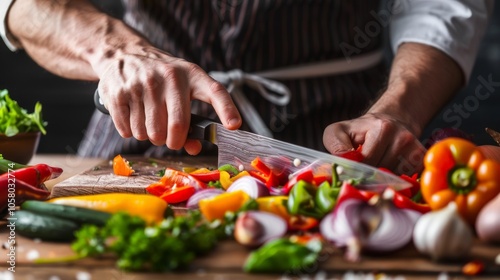 Culinary Skill in Action, an expert stock person skillfully chopping colorful peppers and onions, showcasing precision and freshness in a bustling kitchen environment