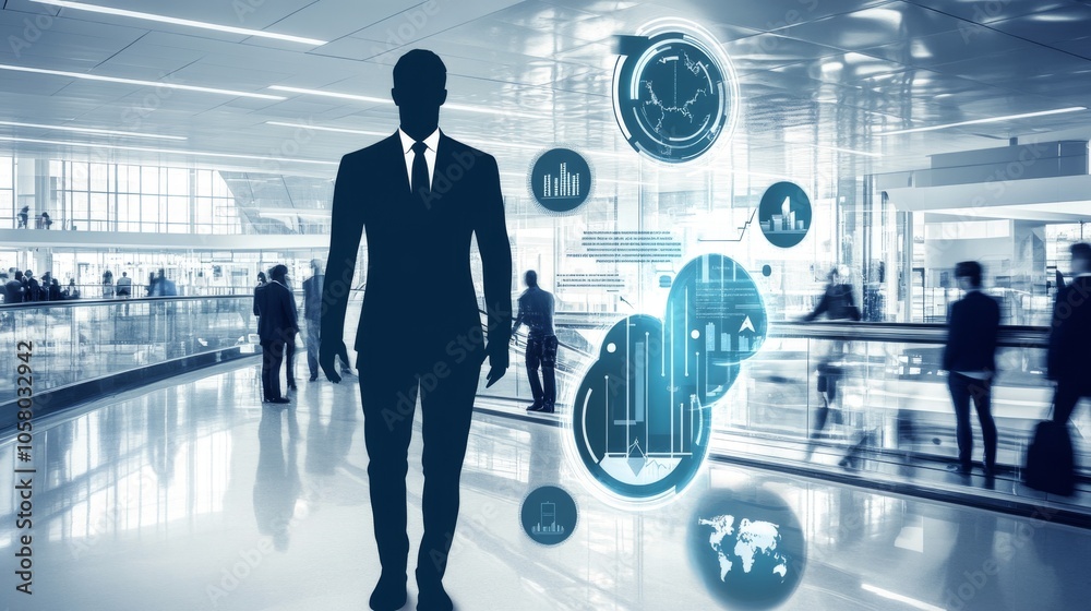 Silhouette of a businessman in a modern workspace, surrounded by technology and digital analytics, symbolizing success and growth. Silhouette of a businessman in a modern workspace, surrounded by technology and digital analytics, symbolizing success and growth.
