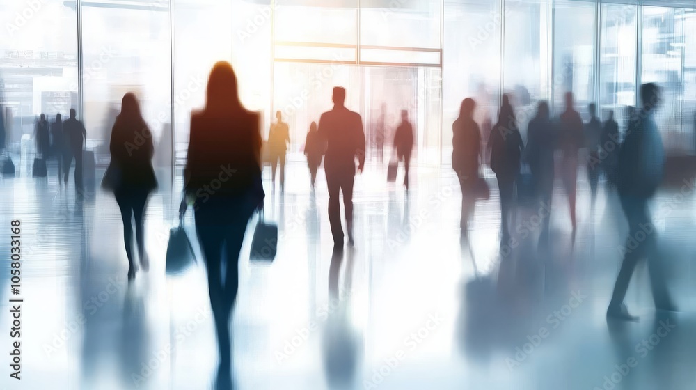 Silhouetted figures walk in a modern, bustling interior space, showcasing a dynamic, corporate atmosphere. Silhouetted figures walk in a modern, bustling interior space, showcasing a dynamic, corporate atmosphere.