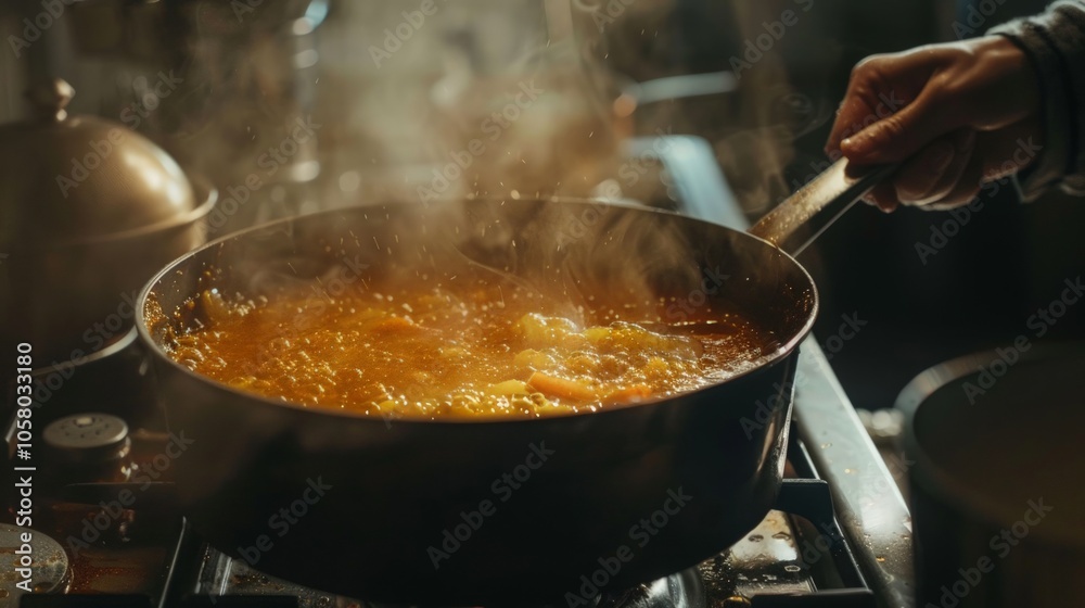 Soup Tasting Moment, a stock person leans in to savor the aroma of bubbling broth, a small ladle in hand, embodying culinary passion and the joy of cooking.